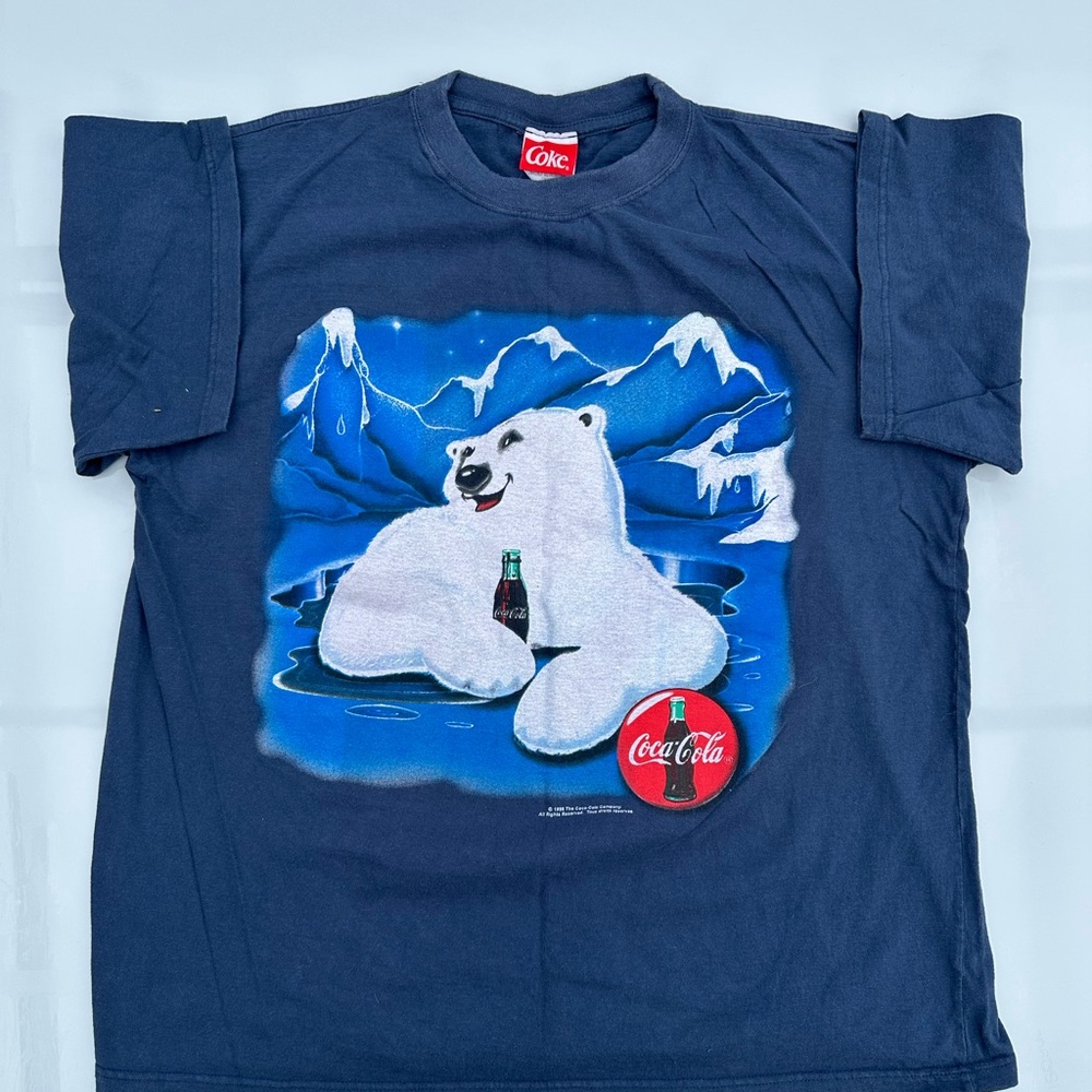 Vintage Coca Cola Navy Blue Kids Polar Bear Graphic Tee. From the late 90s
